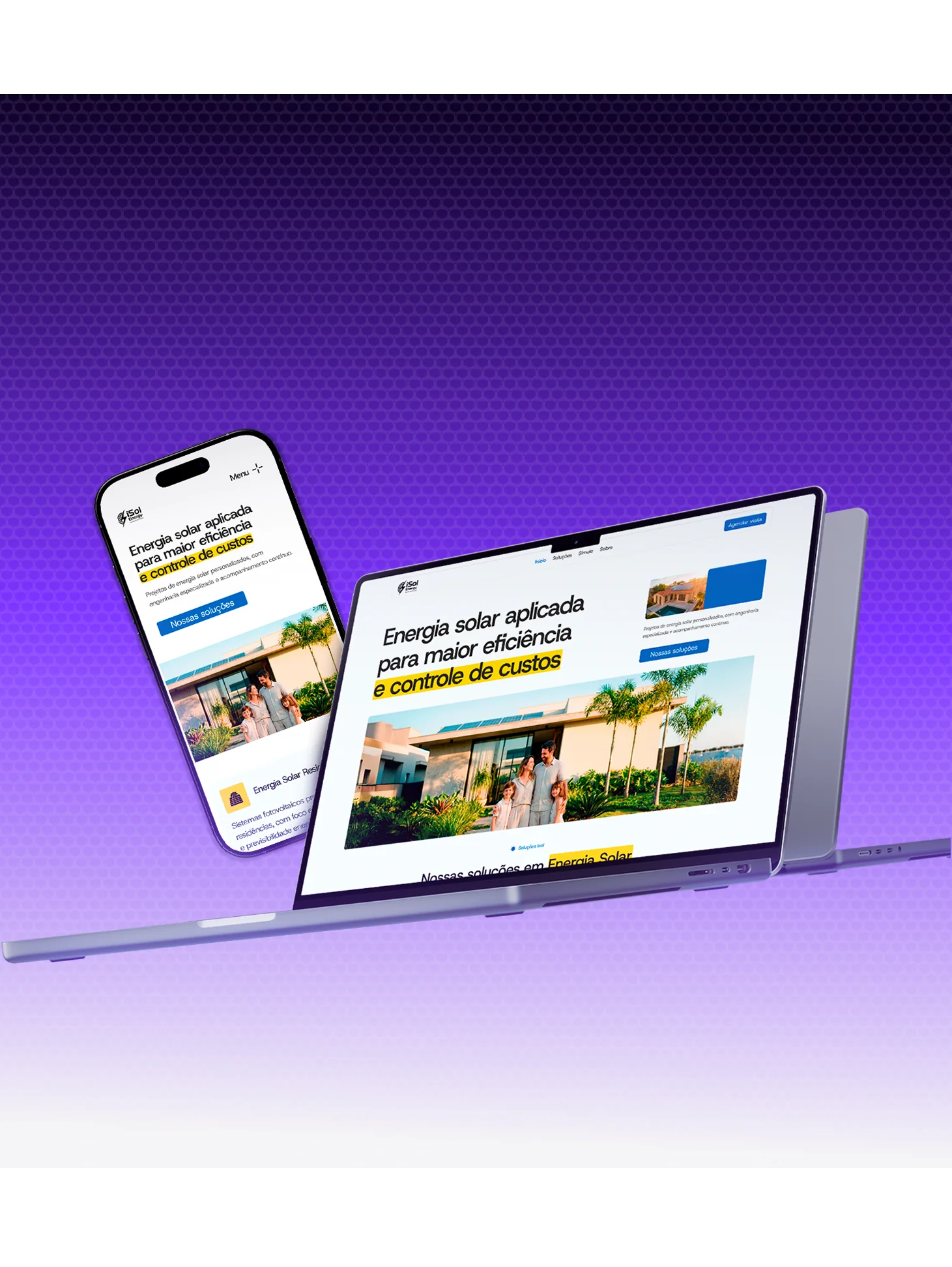 Site de uma empresa de energia solar aberto em um notebook e em um celular